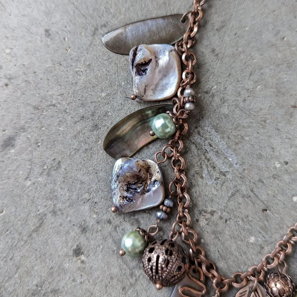 Lia Sophia Gold Broze Mother of Pearl Pendant Statement Necklace